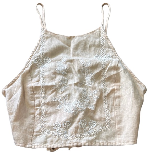 Zara Light Pink Cream Camisole with Lace Accents and Smocked Tie Back - Picture 1 of 5